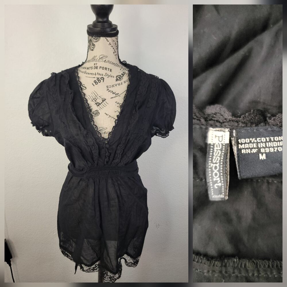 Passport Babydoll Top SZ M Black Lace Trim Popover Office Siren Airy Semi Sheer